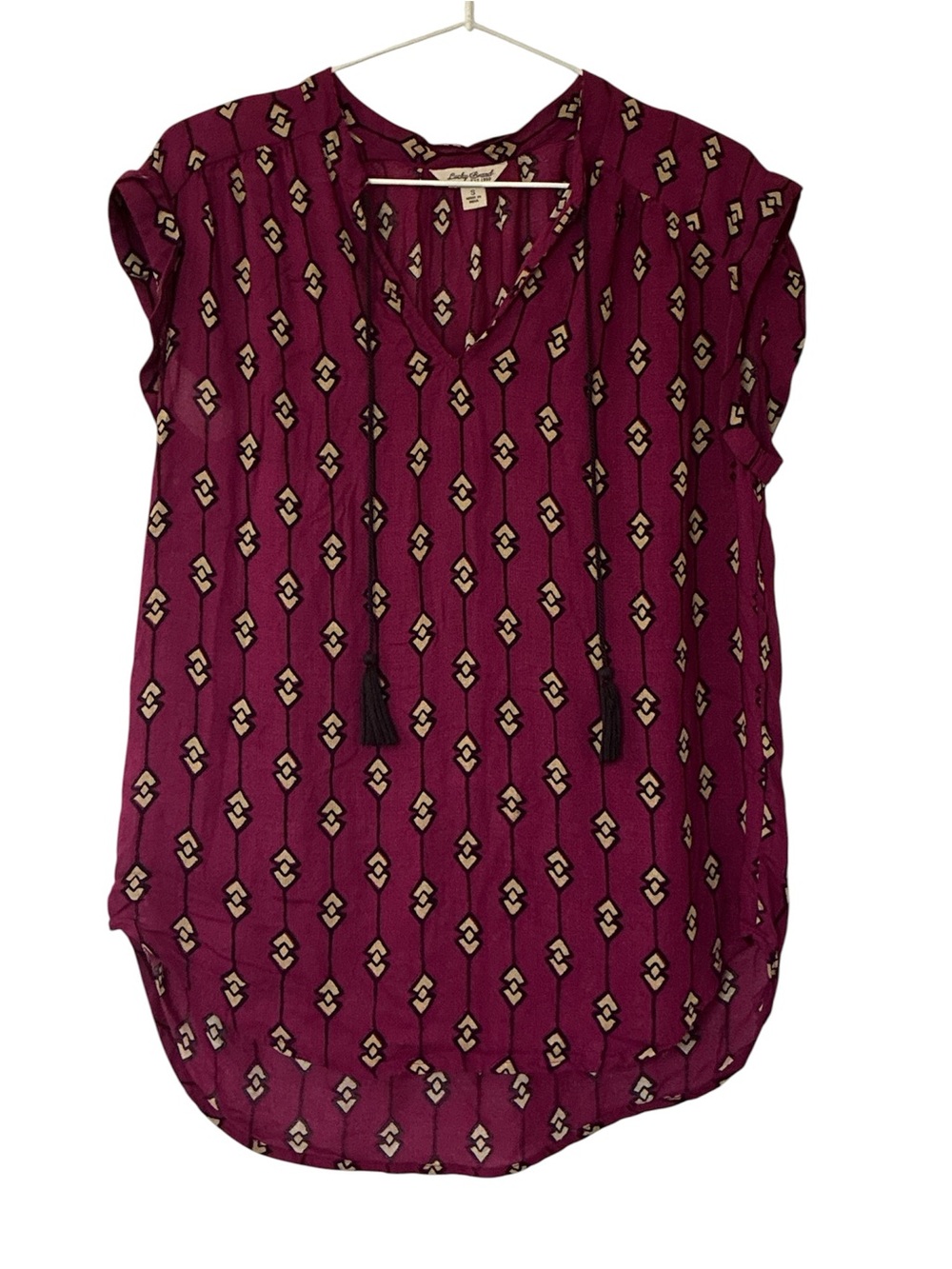 Lucky Brand Magenta Geometric Tassel Tie Blouse